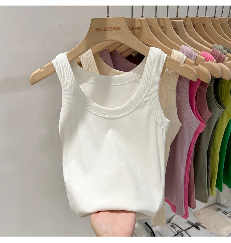 Women’s Ribbed Cotton Tank Top Solid Color Round Neck Camisole, High Stretch Summer Basic O-Neck Sleeveless Casual Top