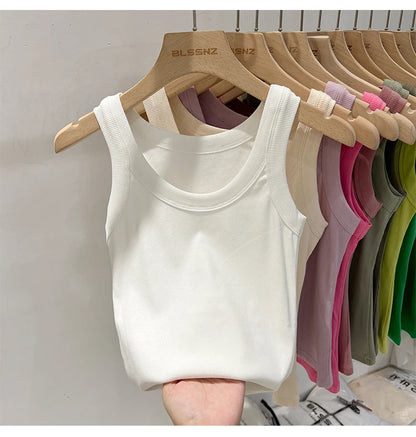 Women’s Ribbed Cotton Tank Top Solid Color Round Neck Camisole, High Stretch Summer Basic O-Neck Sleeveless Casual Top