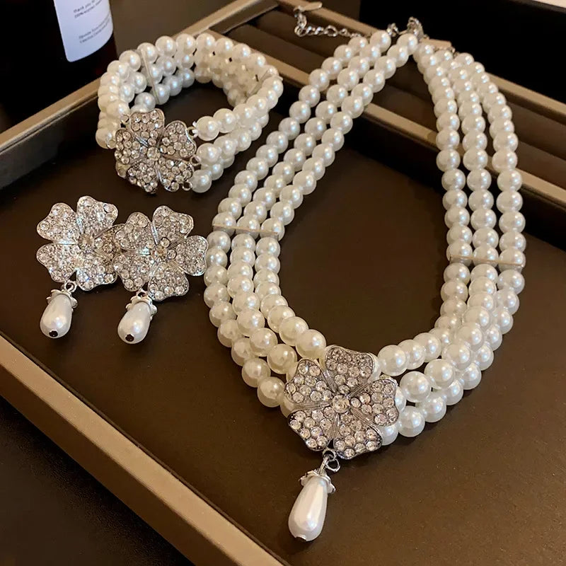 Flower Party Jewelry Set for Women with Imitation Pearl Multi-Layer Necklace, Rhinestone Bracelet and Earrings, French Luxury Shiny Accessory Set for Weddings and Events