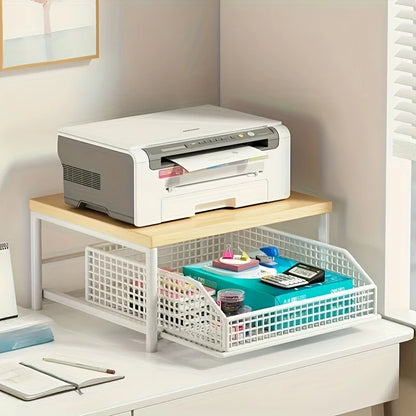 Modern Kitchen Microwave Rack, Solid Wood & Metal Countertop Storage Shelf, Space-Saving Organizer