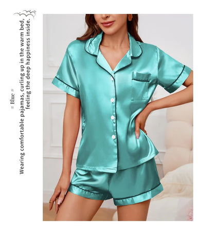 Women’s Satin Pajama Set Button-Down Sleepwear with Short Sleeve Top and Shorts, 2-Piece Summer Loungewear Nightwear Set