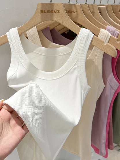 Women’s Ribbed Cotton Tank Top Solid Color Round Neck Camisole, High Stretch Summer Basic O-Neck Sleeveless Casual Top
