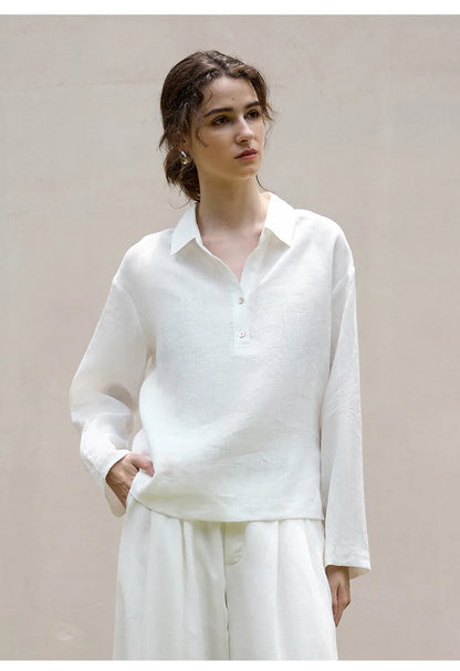 Women’s 100% Linen Half-Button V-Neck Shirt, Long Sleeve Turn-Down Collar Casual Retro Blouse for Spring and Daily Wear