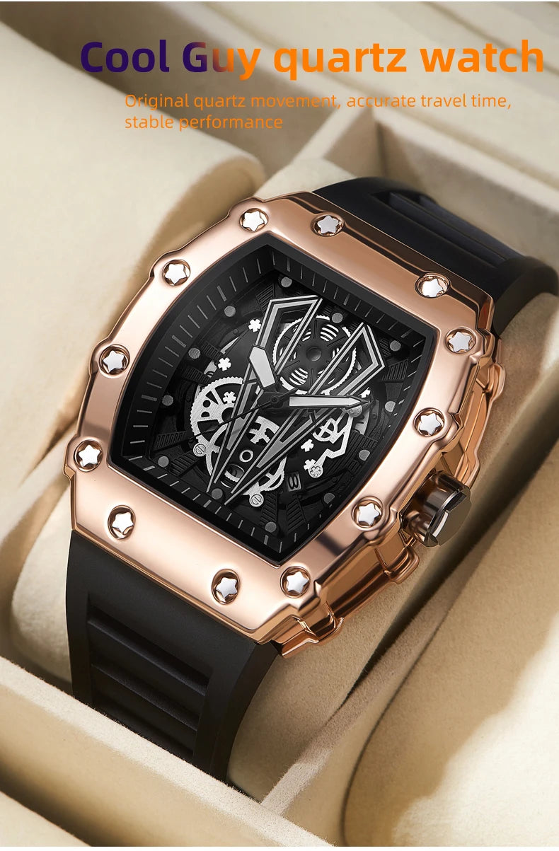 WLISTH Men’s Large Dial Square Quartz Watch, Waterproof Sport Wristwatch with Luminous Hands, Rubber Strap, and Calendar Display