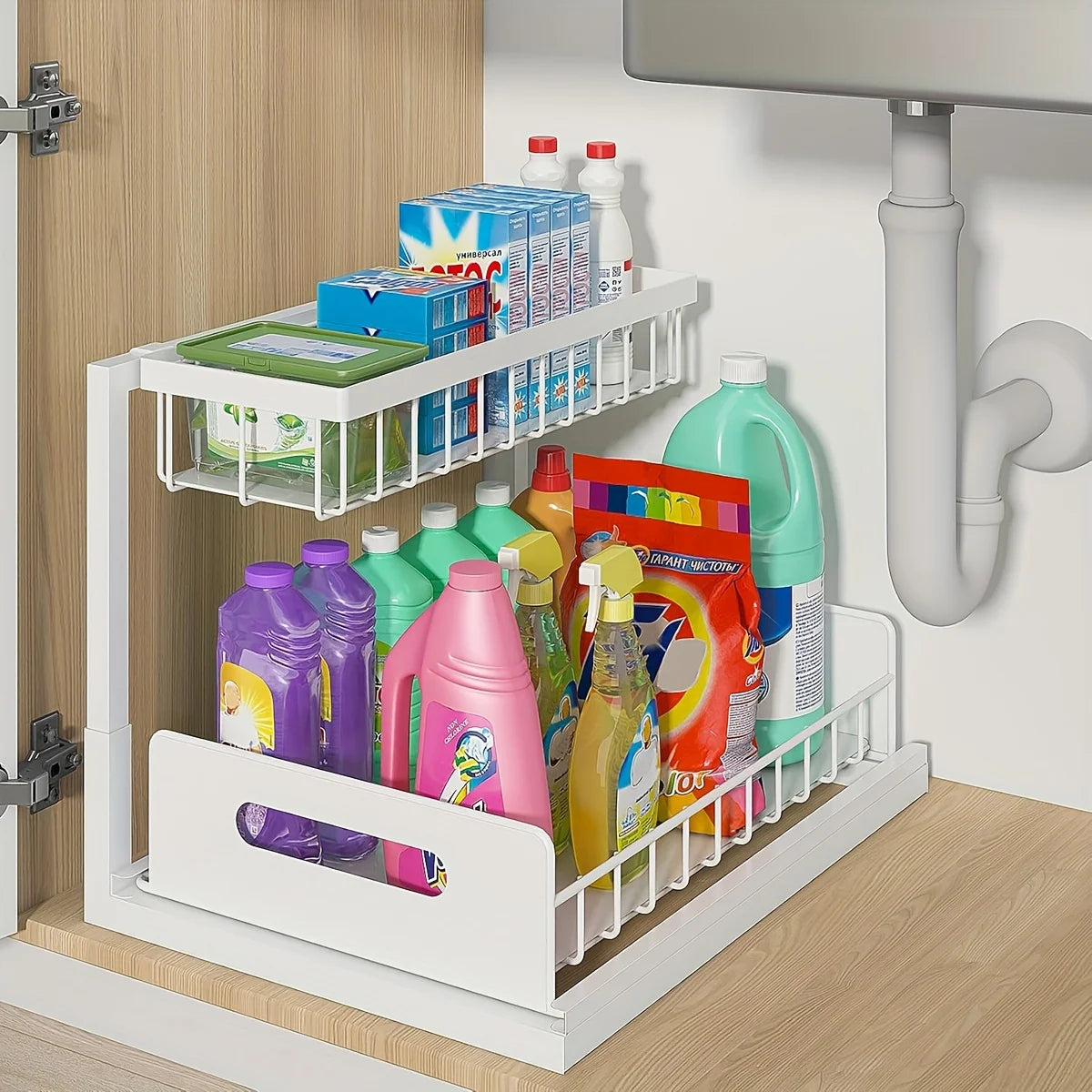 2-Tier Sliding Under Sink Organizer – Rustproof Metal Storage Rack for Kitchen & Bathroom Cabinets