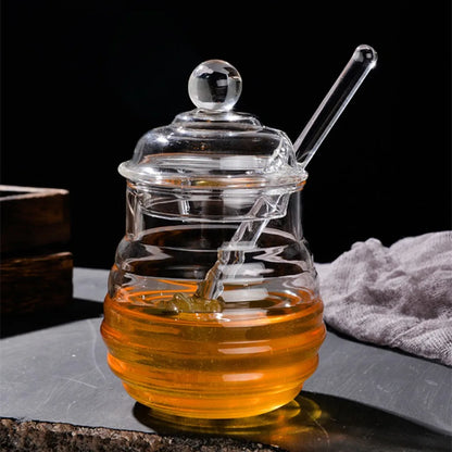 Transparent Honey Pot with Dipper and Lid – Honeycomb Design Honey Tank Kitchen Honey Bottle