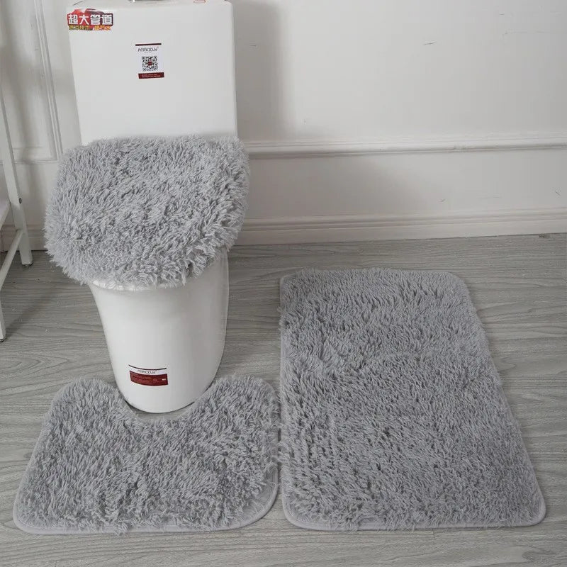 3PCS Bathroom Rug Set, Non-Slip Bath Mats with Toilet Lid Cover, Soft Fluffy Solid Color Bathroom Carpet Set