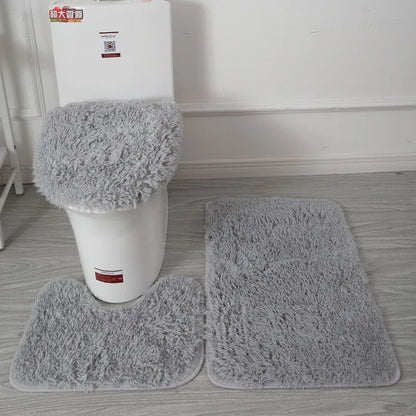 3PCS Bathroom Rug Set, Non-Slip Bath Mats with Toilet Lid Cover, Soft Fluffy Solid Color Bathroom Carpet Set