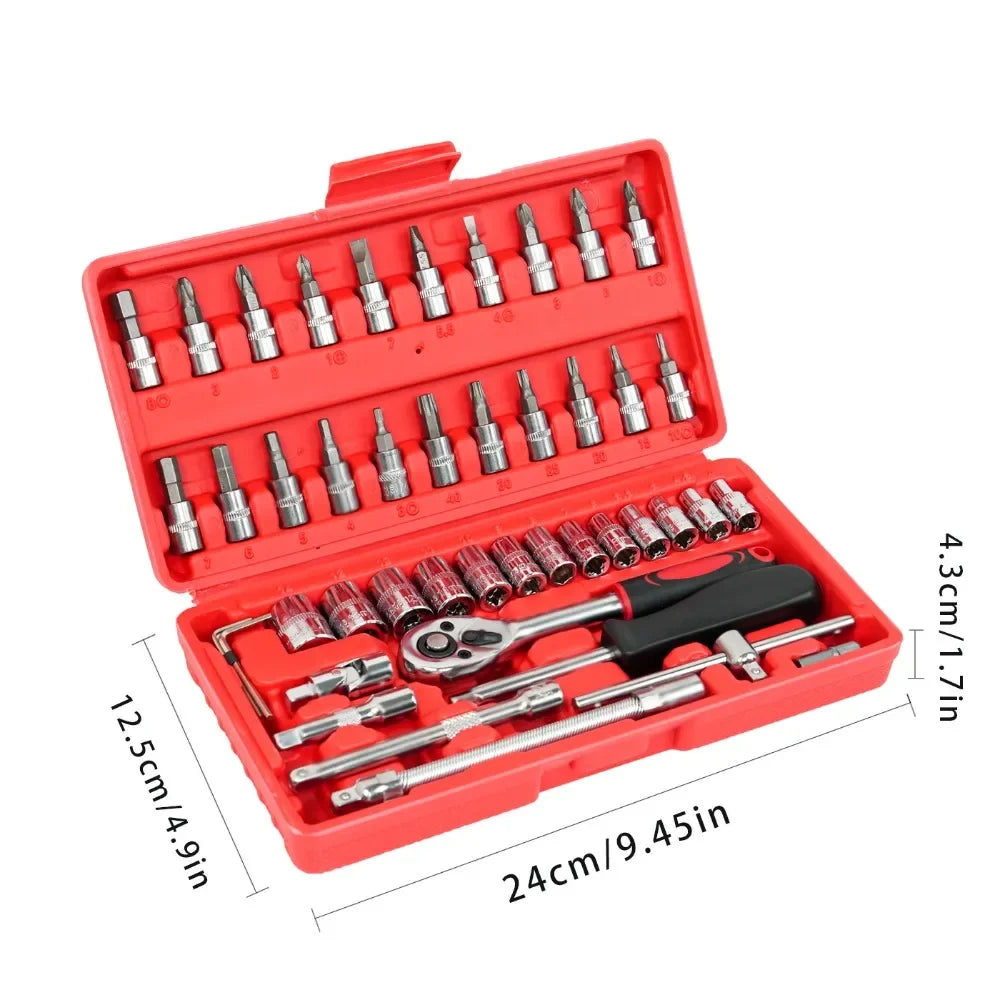 46-Piece Auto Repair Tool Kit, Combination Ratchet Wrench and Socket Set for Car Maintenance with Toolbox