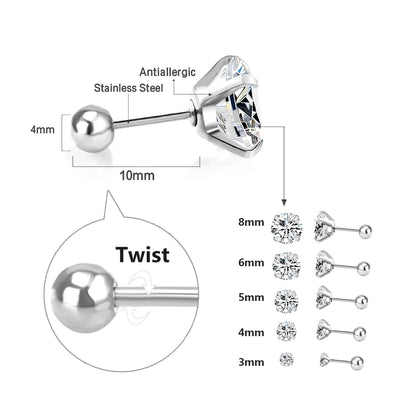 LUXUSTEEL Stainless Steel Crystal Stud Earrings for Men and Women, Round Clear Cubic Zirconia 4-Prong Tragus and Lobe Jewelry, 1 Pair (2 Pieces)