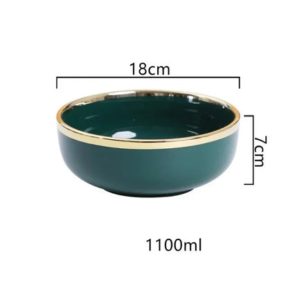 Luxury Green Ceramic Dinnerware Set with Gold Rim, Porcelain Plates & Bowls for Dessert, Salad & Soup