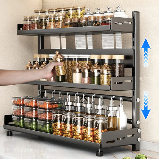 3-Tier Spice Storage Rack for Countertop, Adjustable Metal Kitchen Organizer Shelf for Cabinet & Pantry – Black
