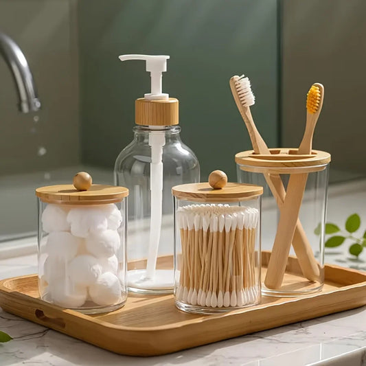 Boho Bathroom Accessories Set, 4PCS Clear Plastic Soap Dispenser, Toothbrush Holder & Canister Set