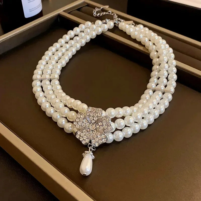 Flower Party Jewelry Set for Women with Imitation Pearl Multi-Layer Necklace, Rhinestone Bracelet and Earrings, French Luxury Shiny Accessory Set for Weddings and Events