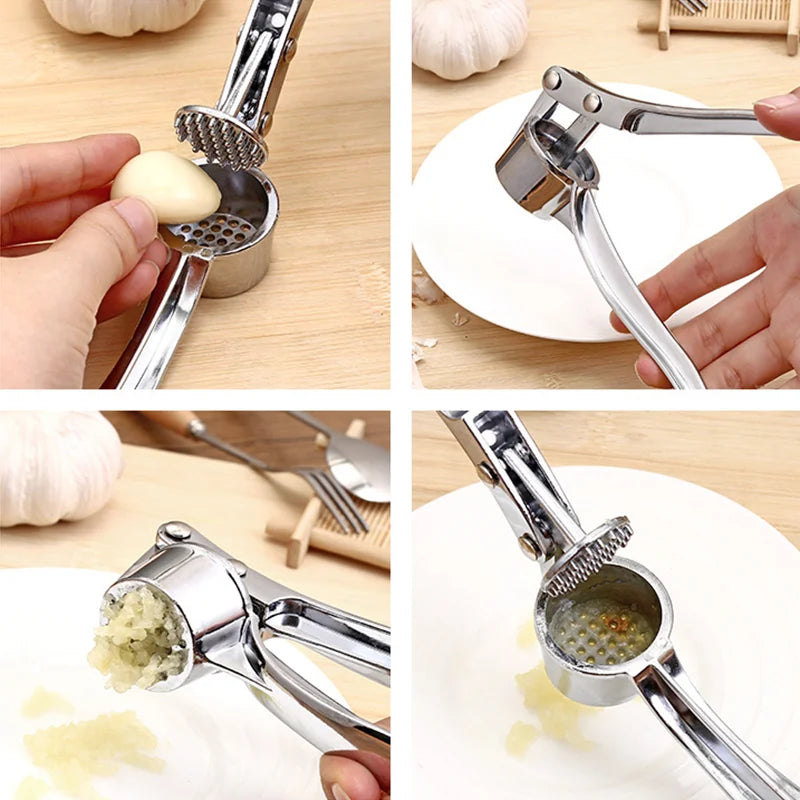 Stainless Steel Garlic Press Crusher & Mincer, Manual Garlic Smasher Squeezer Kitchen Grinding Tool