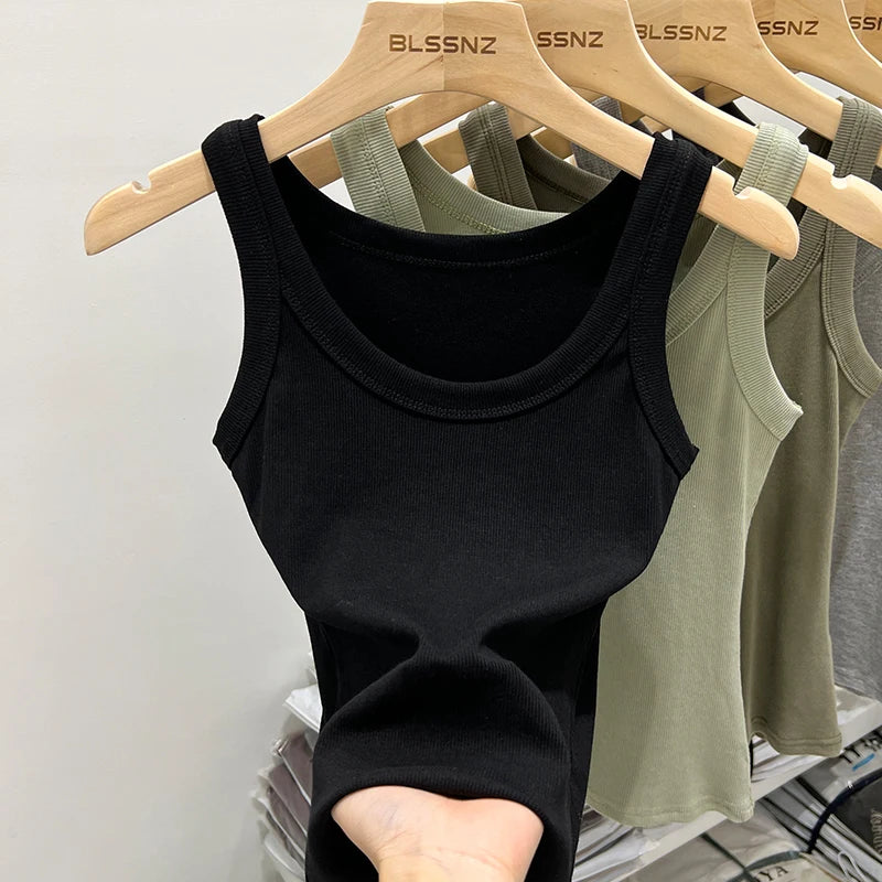 Women’s Ribbed Cotton Tank Top Solid Color Round Neck Camisole, High Stretch Summer Basic O-Neck Sleeveless Casual Top