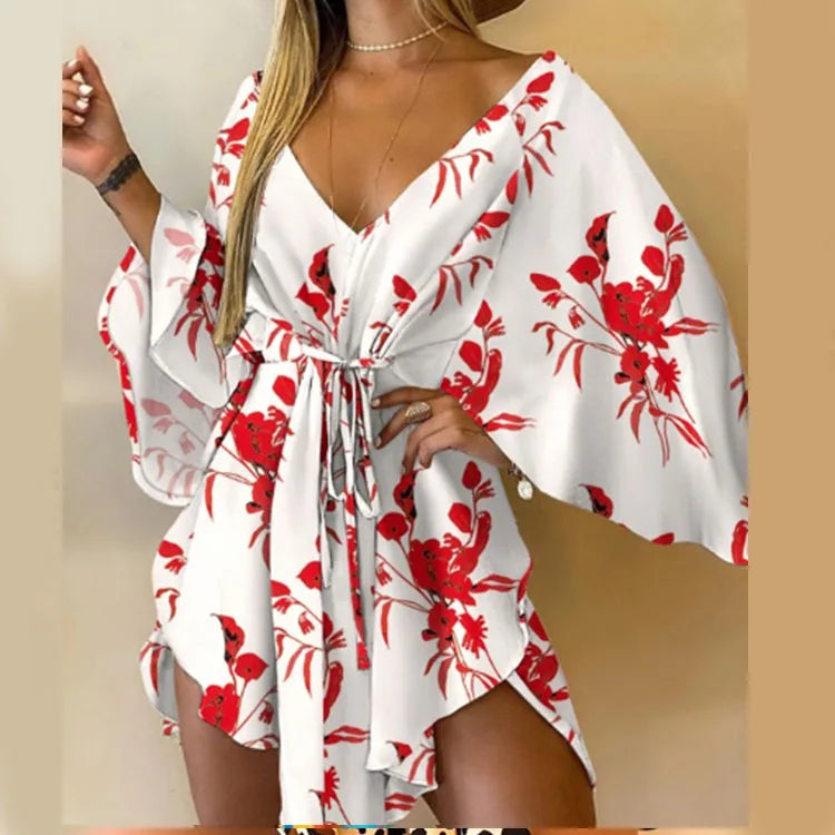 Women’s Floral Print Mini Dress with V-Neck and Batwing Sleeves, Bohemian Loose Fit Summer Beach Sundress Casual Vacation Dress