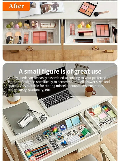 Drawer Organizers Set, Clear Plastic Desk Dividers & Storage Bins for Bedroom Dresser, Office, Makeup, Jewelry & Gadgets
