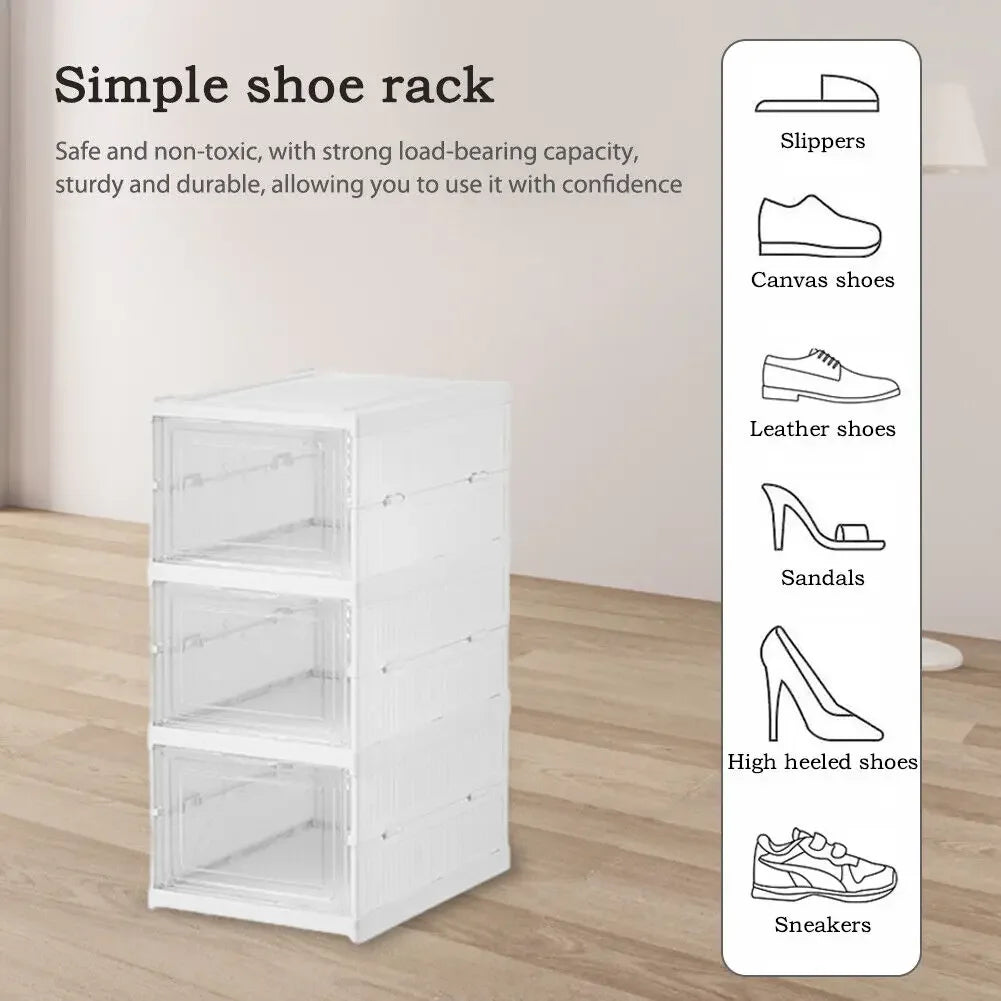 Foldable Shoe Storage Box with Transparent Door, 3/6-Layer Stackable Sneaker Organizer Cabinet