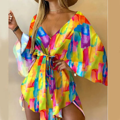 Women’s Floral Print Mini Dress with V-Neck and Batwing Sleeves, Bohemian Loose Fit Summer Beach Sundress Casual Vacation Dress