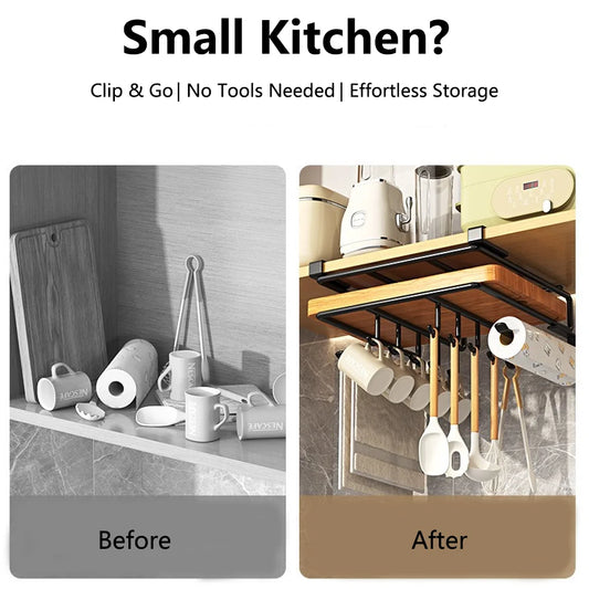 Under Cabinet Kitchen Hanging Organizer Rack with Hooks, Paper Towel, Cutting Board & Pot Lid Holder