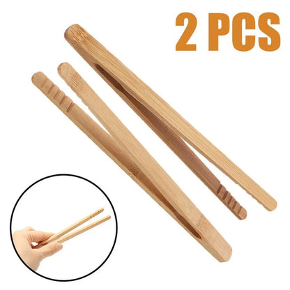 2PCS Bamboo Wood Food Tongs 18cm – Wooden Toast Salad Tongs for Bacon, Sugar, Ice, Tea, and Kitchen Use
