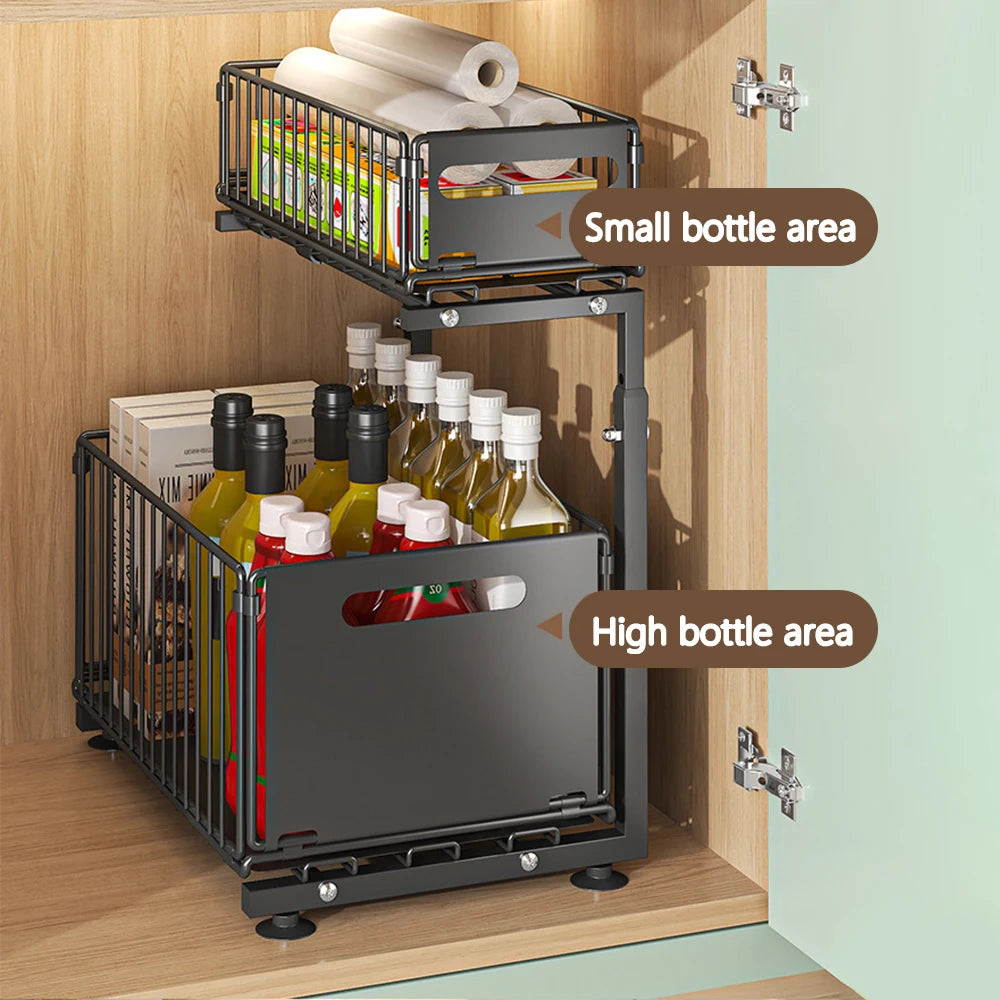 2-Tier Pull Out Cabinet Organizer, Adjustable Slide Out Kitchen Storage Rack for Under Sink & Spice Jar Organization
