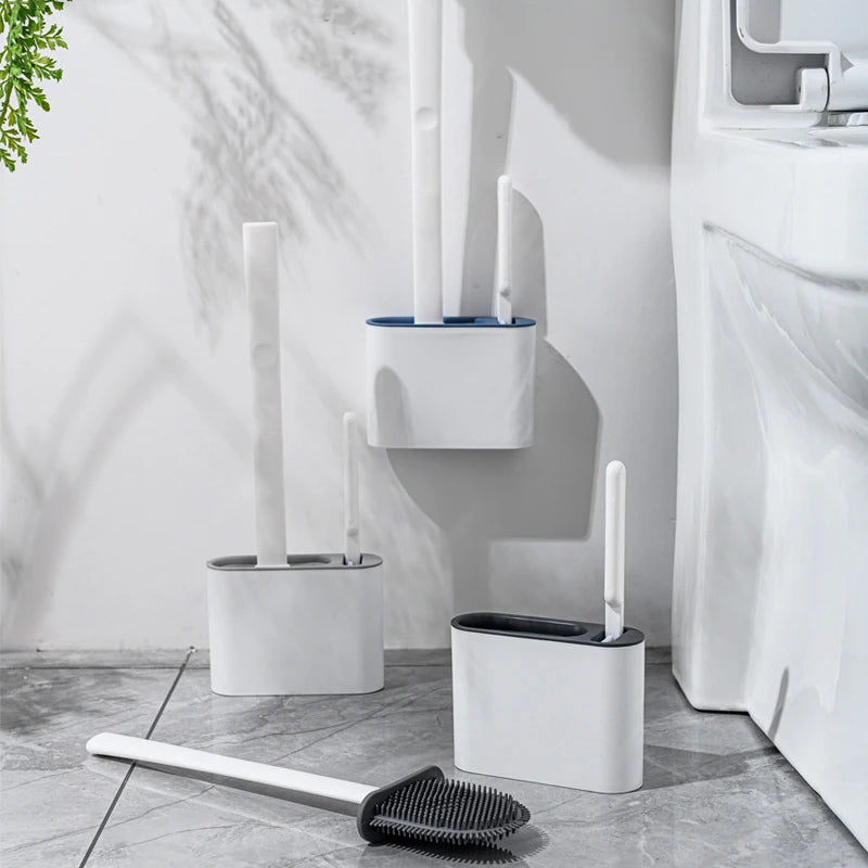 Wall Hanging Toilet Brush with Holder – Long Handled Silicone Toilet Brush with Soft Bristles WC Cleaning Brush Bathroom Accessory
