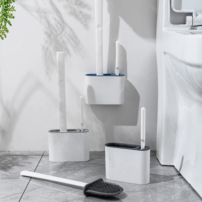 Wall Hanging Toilet Brush with Holder – Long Handled Silicone Toilet Brush with Soft Bristles WC Cleaning Brush Bathroom Accessory