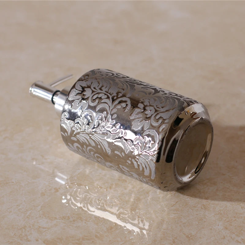 Silver Ceramic 5-Piece Bathroom Accessory Set, Soap Dispenser, Gargle Cup, Soap Dish & Toothbrush Holder Toiletry Set