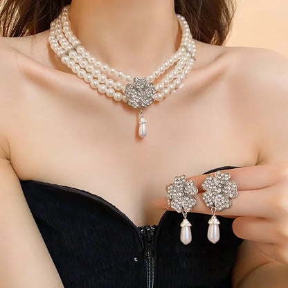 Flower Party Jewelry Set for Women with Imitation Pearl Multi-Layer Necklace, Rhinestone Bracelet and Earrings, French Luxury Shiny Accessory Set for Weddings and Events