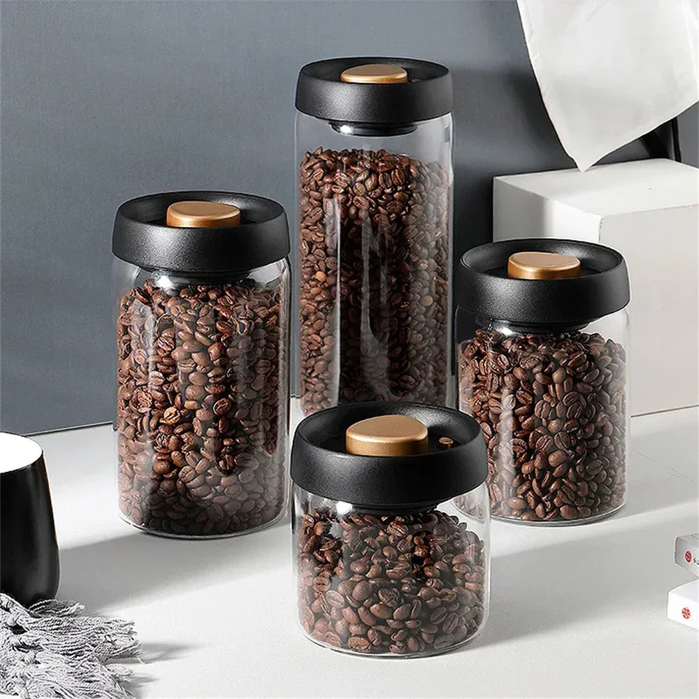Coffee Beans Vacuum Sealed Tank – Transparent Glass Airtight Food Storage Jar with Air Extraction