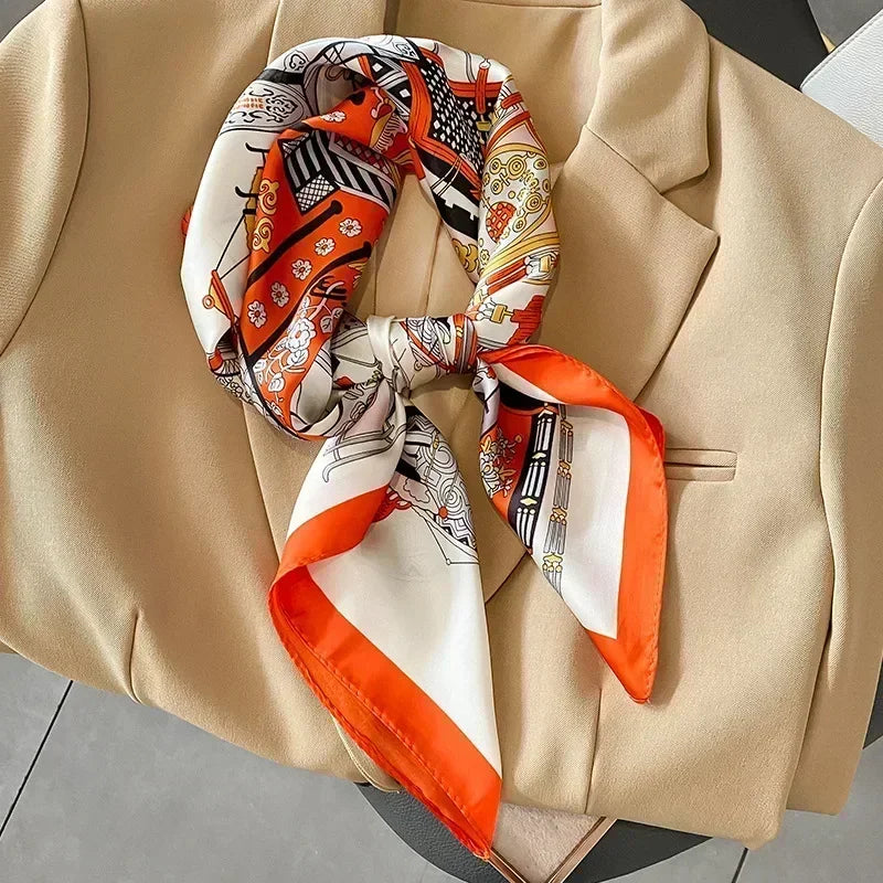 Luxury Printed Silk-Style Square Scarf for Women, Soft Satin Neckerchief Headband and Hair Ribbon, Fashion Hijab and Bag Accessory for Office and Daily Wear