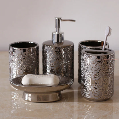 Silver Ceramic 5-Piece Bathroom Accessory Set, Soap Dispenser, Gargle Cup, Soap Dish & Toothbrush Holder Toiletry Set