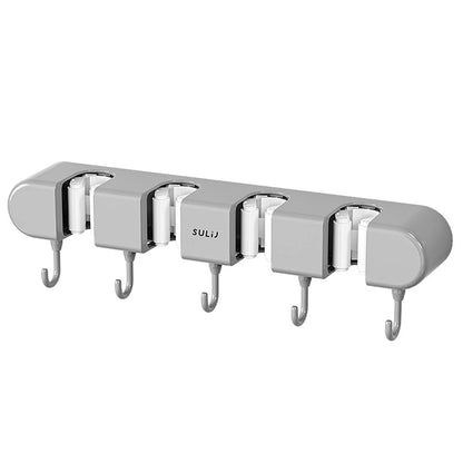 Wall Mounted Broom & Mop Holder with Hooks – No-Drill Self-Adhesive Storage Rack for Kitchen & Home