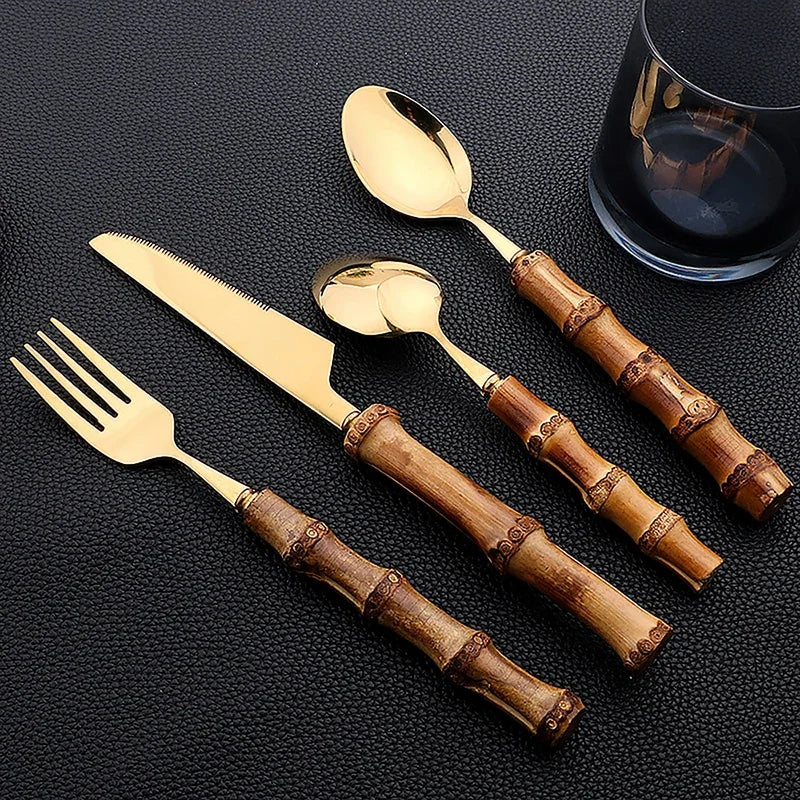 24PCS Bamboo Cutlery Set, Stainless Steel Flatware with Natural Bamboo Handles for Dinner & Steak