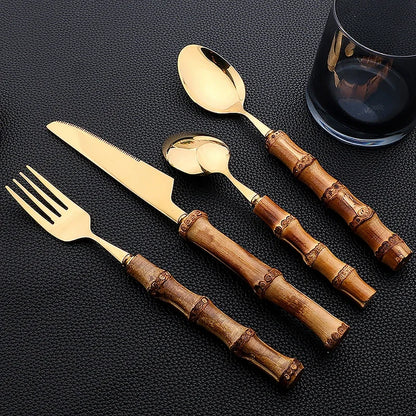24PCS Bamboo Cutlery Set, Stainless Steel Flatware with Natural Bamboo Handles for Dinner & Steak