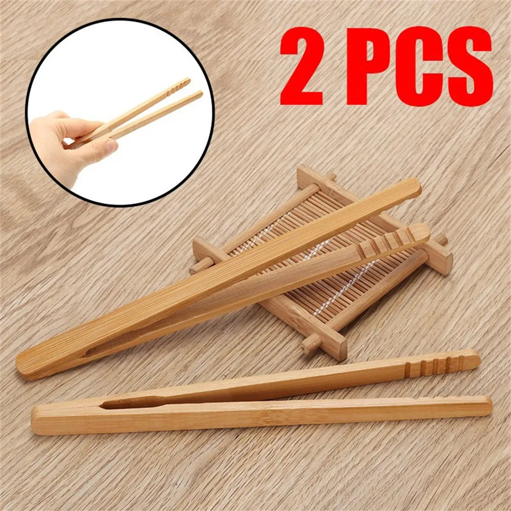 2PCS Bamboo Wood Food Tongs 18cm – Wooden Toast Salad Tongs for Bacon, Sugar, Ice, Tea, and Kitchen Use