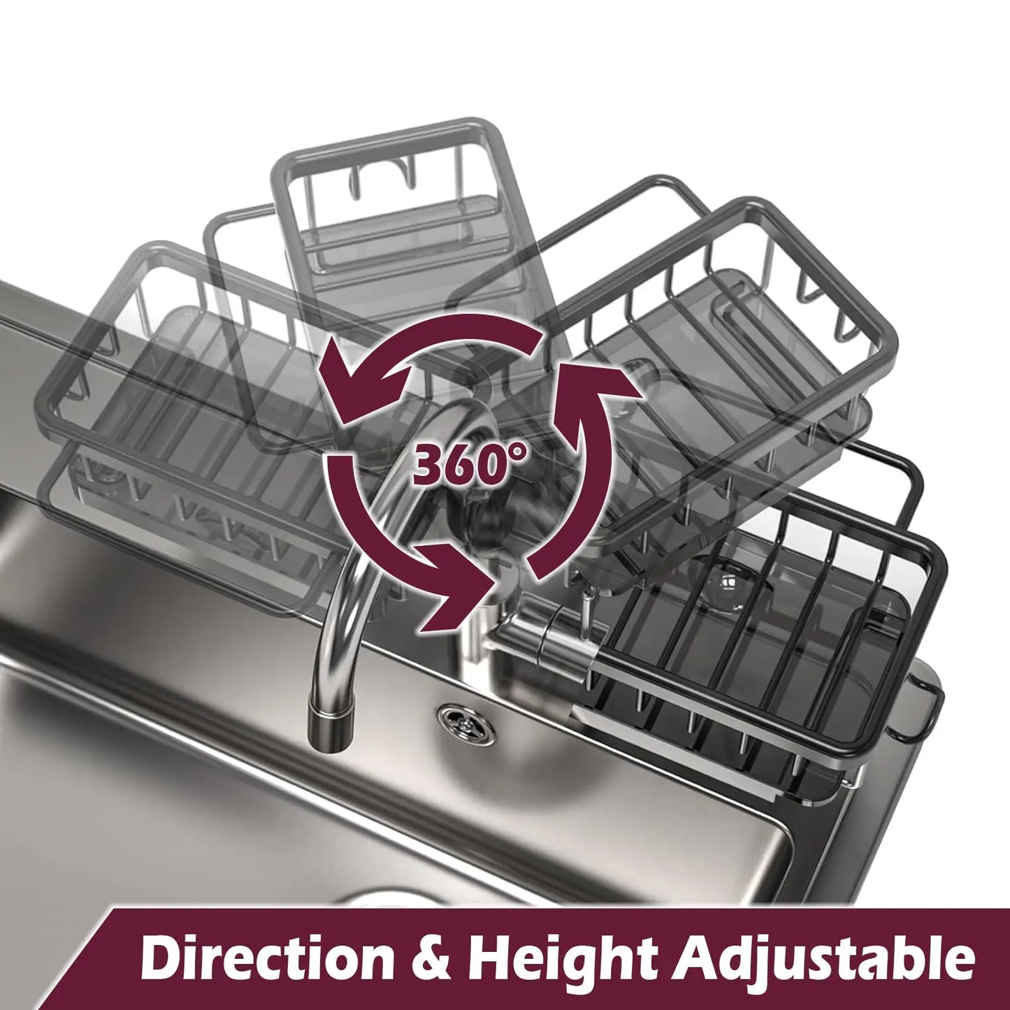 Kitchen Sink Faucet Organizer Dish Drain Rack, Rustproof Adjustable Sponge Holder Sink Caddy with Drain Tray & Towel Rack