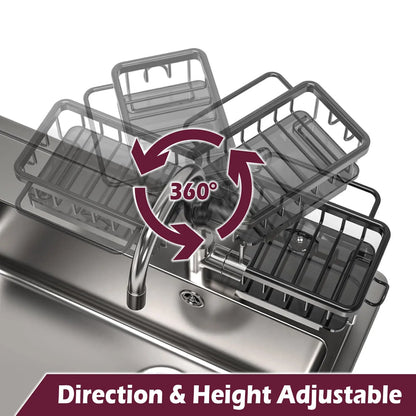 Kitchen Sink Faucet Organizer Dish Drain Rack, Rustproof Adjustable Sponge Holder Sink Caddy with Drain Tray & Towel Rack