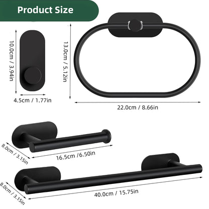 No-Drill Stainless Steel Bathroom Accessories Set, Self-Adhesive Towel Bar, Paper Holder, Towel Ring & Robe Hook