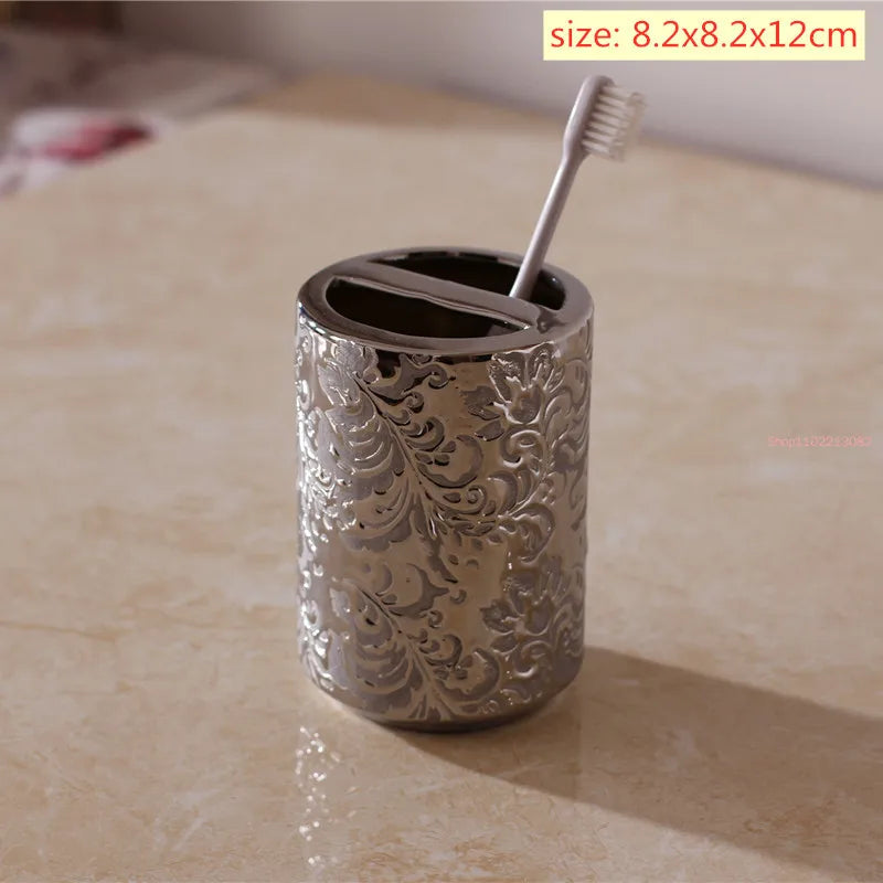Silver Ceramic 5-Piece Bathroom Accessory Set, Soap Dispenser, Gargle Cup, Soap Dish & Toothbrush Holder Toiletry Set