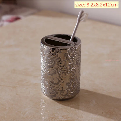 Silver Ceramic 5-Piece Bathroom Accessory Set, Soap Dispenser, Gargle Cup, Soap Dish & Toothbrush Holder Toiletry Set