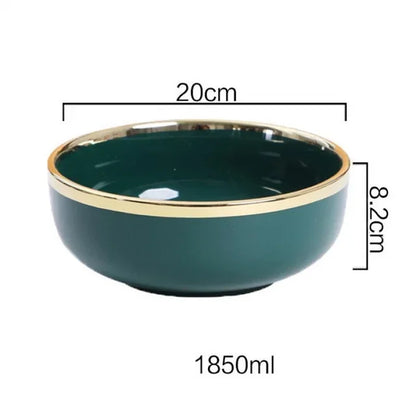 Luxury Green Ceramic Dinnerware Set with Gold Rim, Porcelain Plates & Bowls for Dessert, Salad & Soup