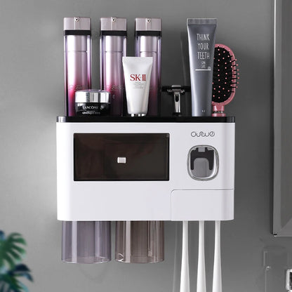 Bathroom Accessories Set with Automatic Toothpaste Dispenser, Magnetic Inverted Toothbrush Holder & Storage Rack
