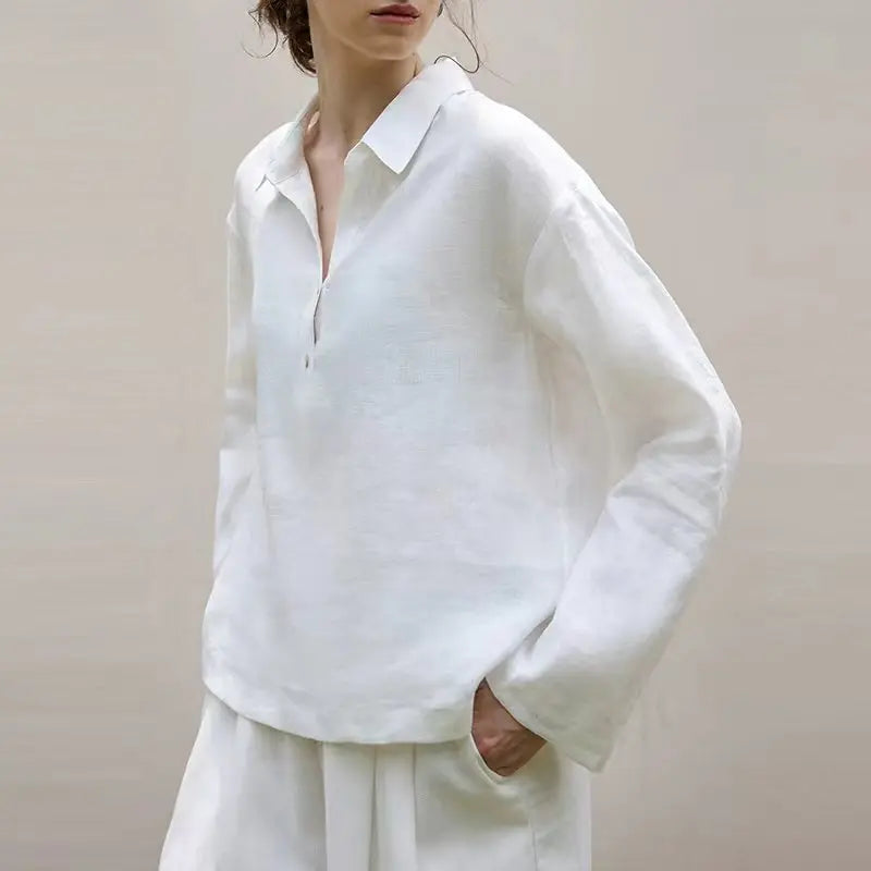 Women’s 100% Linen Half-Button V-Neck Shirt, Long Sleeve Turn-Down Collar Casual Retro Blouse for Spring and Daily Wear