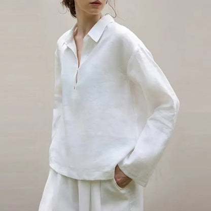 Women’s 100% Linen Half-Button V-Neck Shirt, Long Sleeve Turn-Down Collar Casual Retro Blouse for Spring and Daily Wear