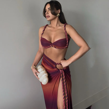 Women’s 3-Piece Bikini Set with Cover-Up Skirt, Push-Up Halter Swimsuit with Long Wrap Skirt, Sexy Beachwear Swimwear for Summer
