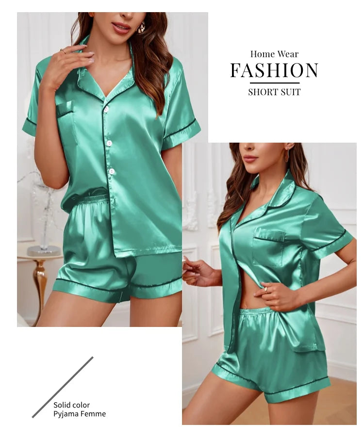 Women’s Satin Pajama Set Button-Down Sleepwear with Short Sleeve Top and Shorts, 2-Piece Summer Loungewear Nightwear Set