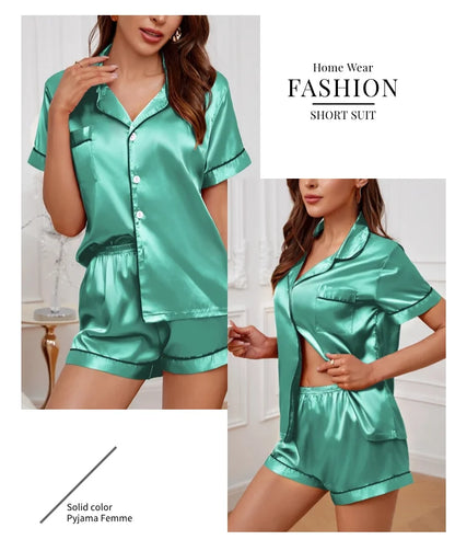 Women’s Satin Pajama Set Button-Down Sleepwear with Short Sleeve Top and Shorts, 2-Piece Summer Loungewear Nightwear Set
